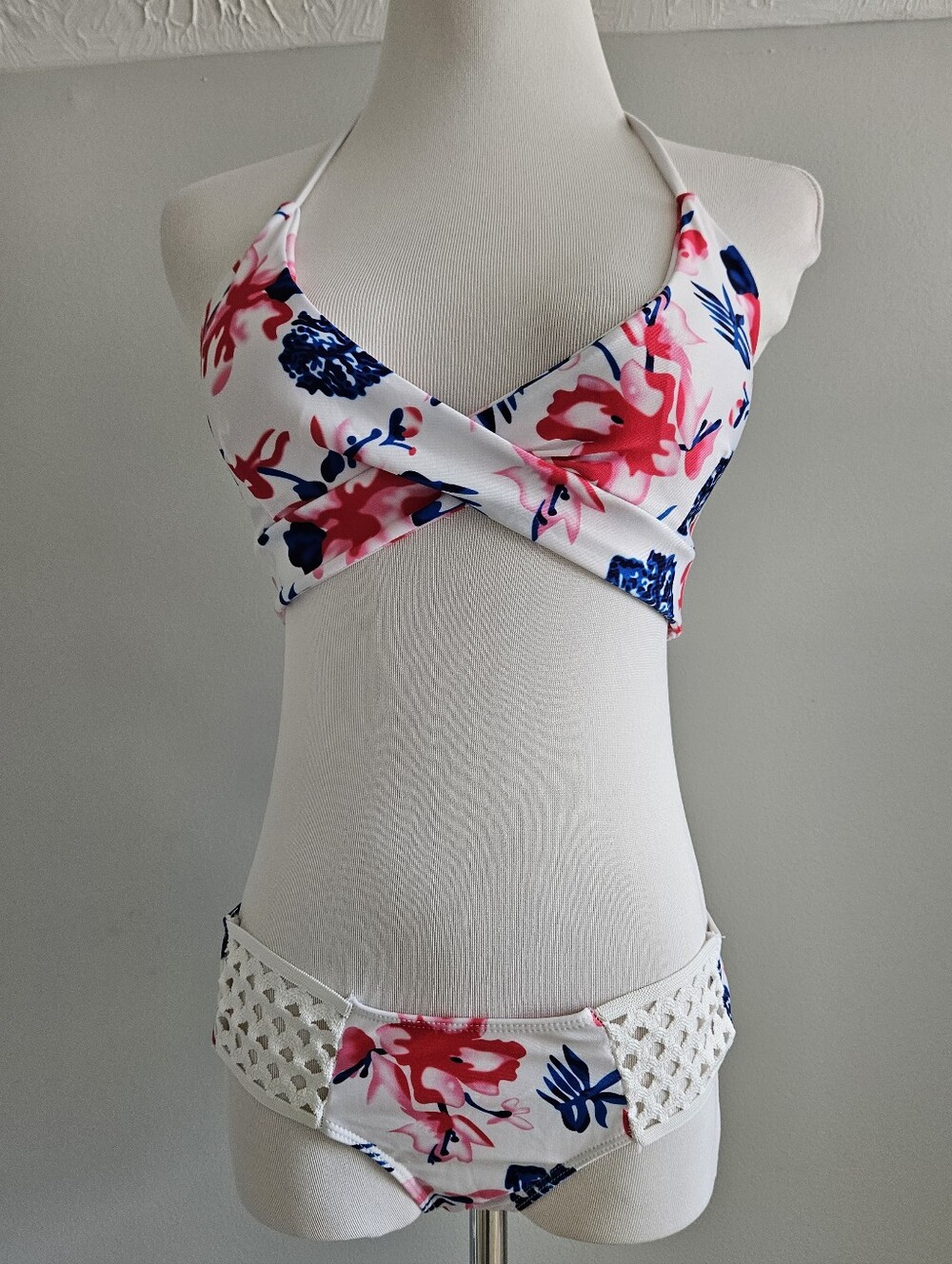 White Floral Bikini Set with Pink and Navy Print